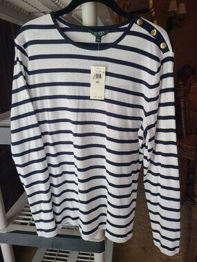 Lauren Ralph Lauren Striped Long Sleeve Top Gold Crest Buttons NWT